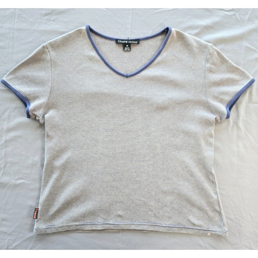 Vtg Theme Striped Top V neck Short Sleeves Minimalist Quiet Luxury Blue Nautical - Picture 5 of 15